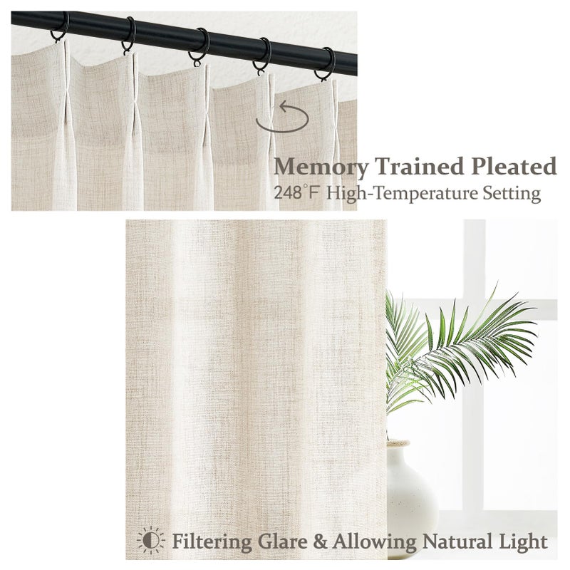 PleatedDrapes ستائر مطبخ مرشحة للضوء بطول 63 بوصة مجموعتين، ستائر الطابق السفلي لنافذة صغيرة كريمية باللون البيج مع مزيج من الكتان المطوي وعلامة تبويب خلفية شبه شفافة قصيرة للنوافذ الكبيرة 40 بوصة عرض × 63 بوصة طول - Image 3